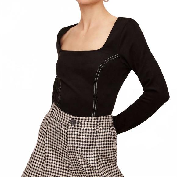NEW FIFTEEN TWENTY faux suede stitch long sleeve top in black - Picture 1 of 4